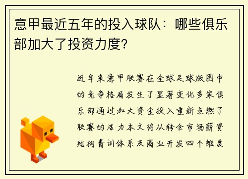 意甲最近五年的投入球队：哪些俱乐部加大了投资力度？